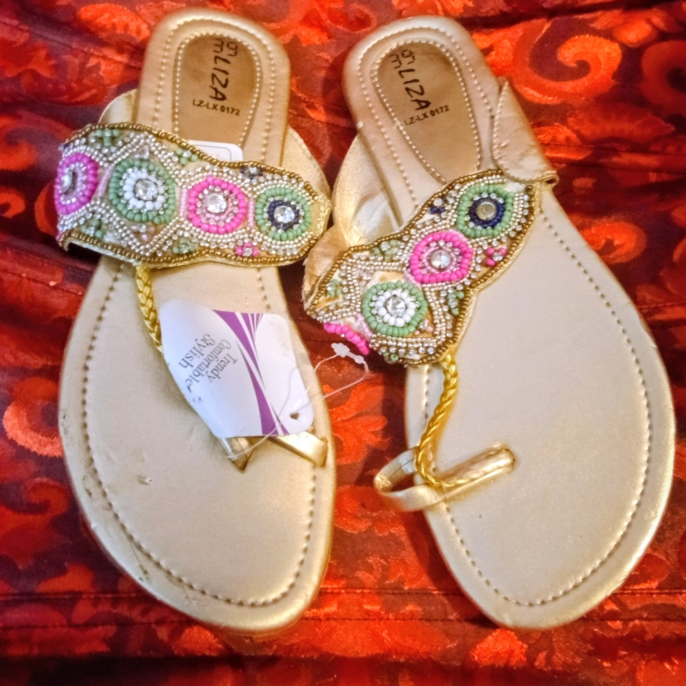 FROM INDIA Women’s Embellished Gold Toe-Post Sandals with Pink & Green Beading